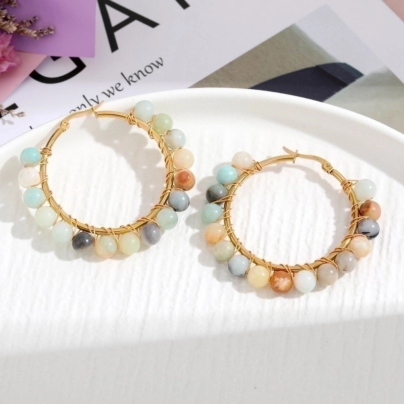 2 Pieces Retro Geometric Handmade Stainless Steel Natural Stone Earrings