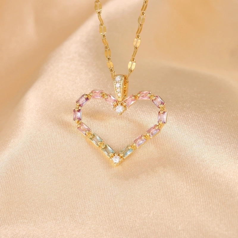 Hip-Hop Minimalist Shiny Heart Shape 304 Stainless Steel Copper Zircon 18K Gold Plated Inlay Pendant Necklace