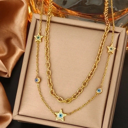 Vintage Style Commute Devil\'s Eye Star Moon 304 Stainless Steel Turquoise Rhinestones Shell 18K Gold Plated Plating Inlay Layered Necklaces