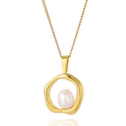 IG Style Round Oval Heart Shape 304 Stainless Steel Imitation Pearl Shell 18K Gold Plated Plating Inlay Pendant Necklace