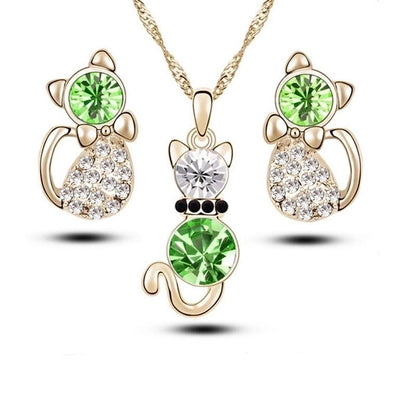 Simple Cat Alloy Crystal Ear Stud Necklace Set