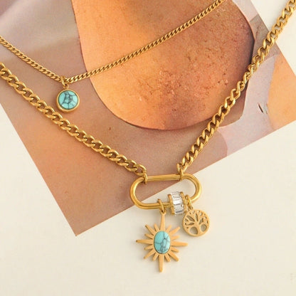 304 Stainless Steel 18K Gold Plated Elegant Lady Streetwear Plating Inlay Sun Turquoise Zircon Double Layer Necklaces Pendant Necklace