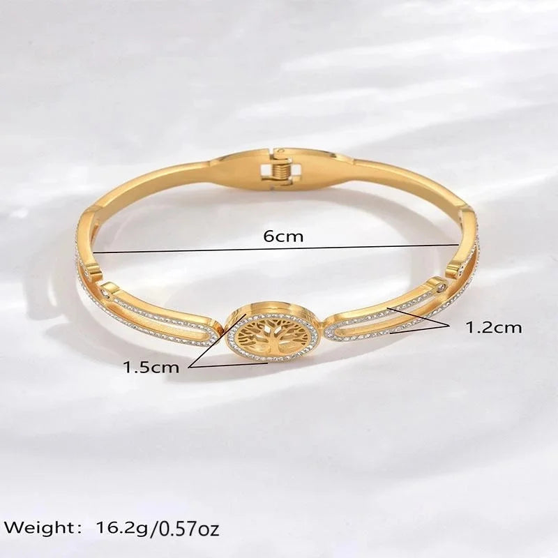 Luxurious French Style Life Tree 304 Stainless Steel 14K Gold Plated Rhinestones Bangle In Bulk