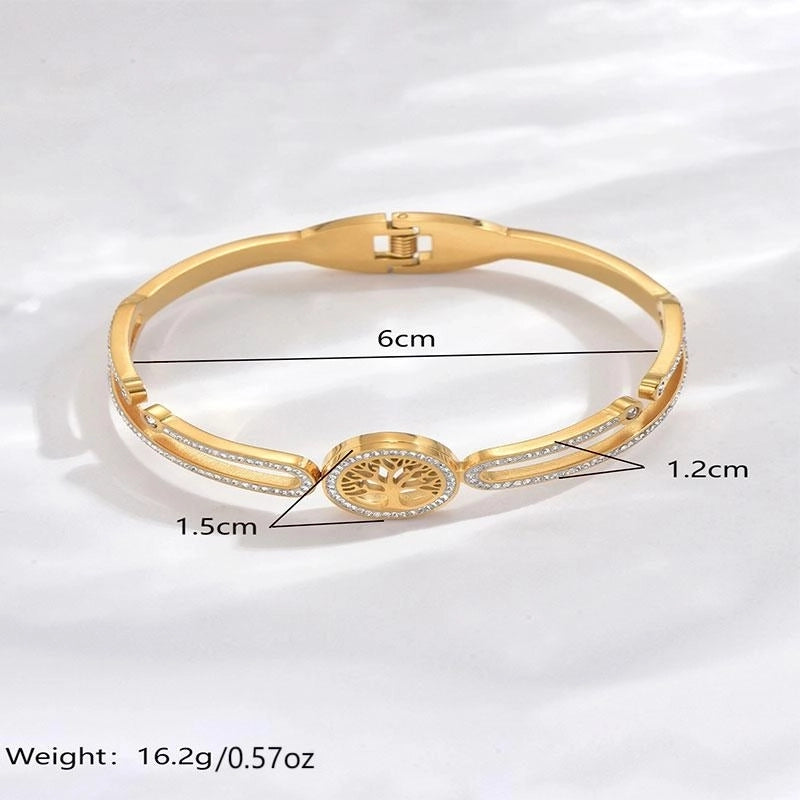Luxurious French Style Life Tree 304 Stainless Steel 14K Gold Plated Rhinestones Bangle In Bulk