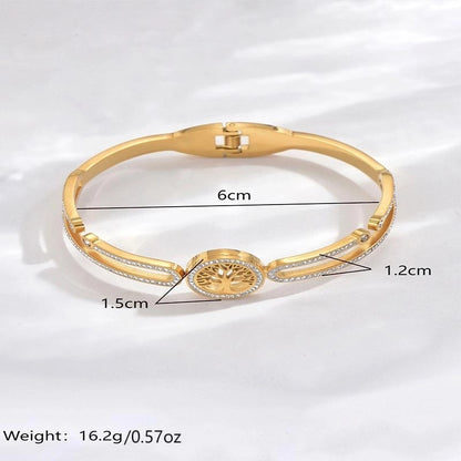 Luxurious French Style Life Tree 304 Stainless Steel 14K Gold Plated Rhinestones Bangle In Bulk