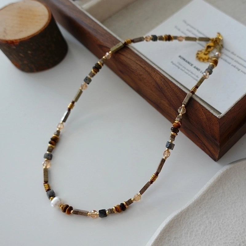 Minimalist Geometric Natural Stone Tiger Eye Pendant Necklace In Bulk