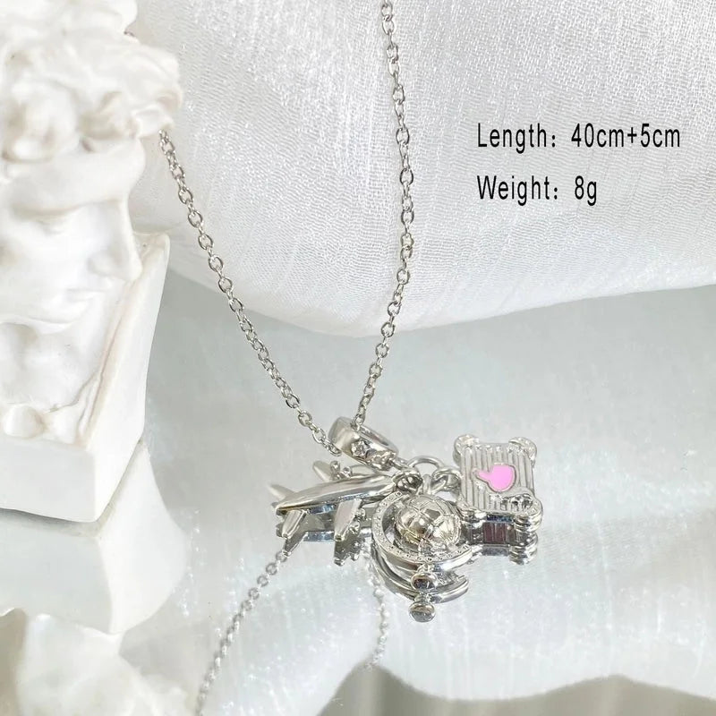 Copper Cable Chain Plating Four Leaf Clover Eiffel Tower Airplane Pendant Necklace