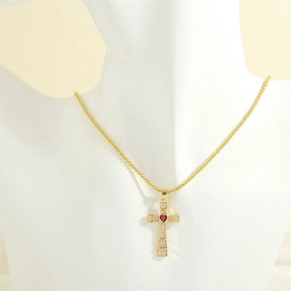 Minimalist Cross Heart Shape Copper 18k Gold Plated Zircon Pendant Necklace In Bulk