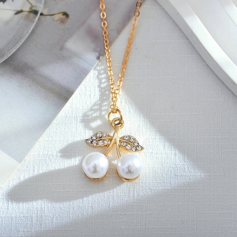 Korean Style Cherry Titanium Steel Artificial Pearls Zircon Gold Plated Plating Inlay Pendant Necklace