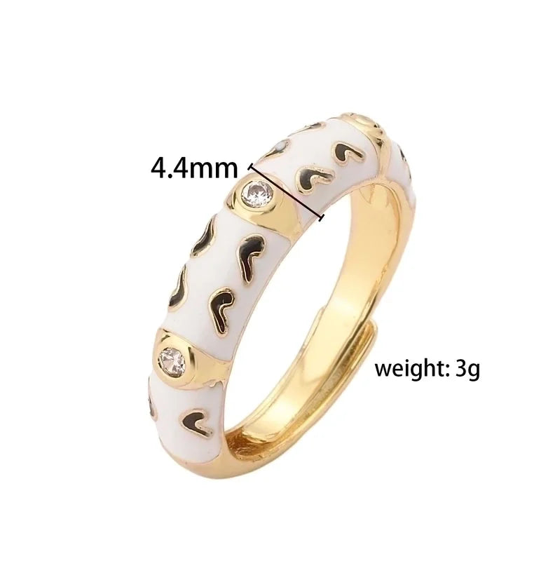 2 Pieces Elegant Colorful Heart Shape Copper Enamel Plating Inlay Zircon 18k Gold Plated Open Rings