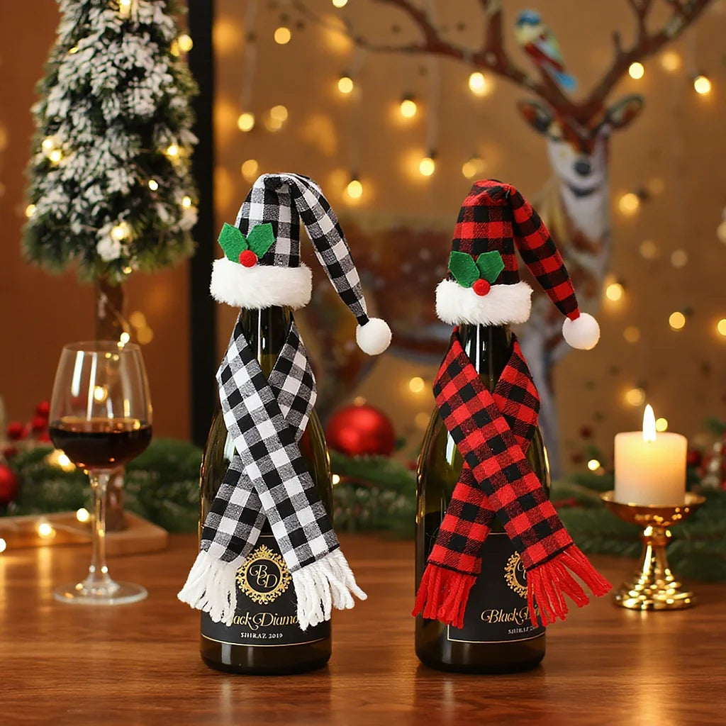 2 Sets Christmas Decoration Home Kitchen Tabletop Decoration Props Plaid Cloth Set Red Wine Bottle Cover Wine Bottle Bag
