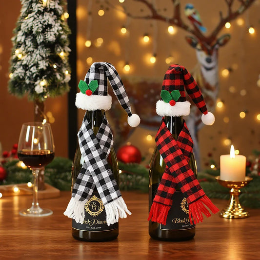 2 Sets Christmas Decoration Home Kitchen Tabletop Decoration Props Plaid Cloth Set Red Wine Bottle Cover Wine Bottle Bag