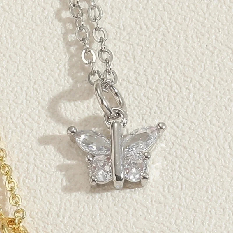 Minimalist Butterfly Copper Plating Chain Zircon 14k Gold Plated Pendant Necklace