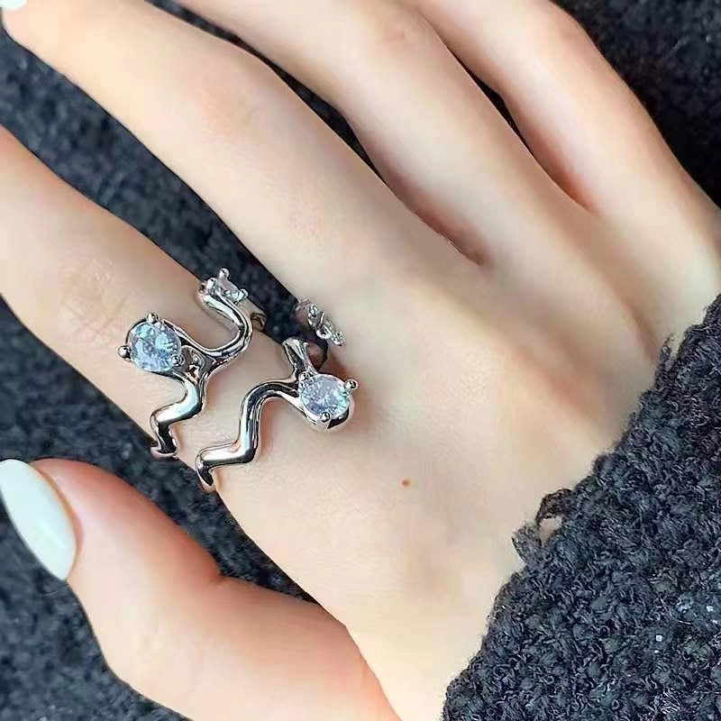 Sweet Geometric Heart Shape Bow Knot Copper Plating Inlay Zircon Open Rings