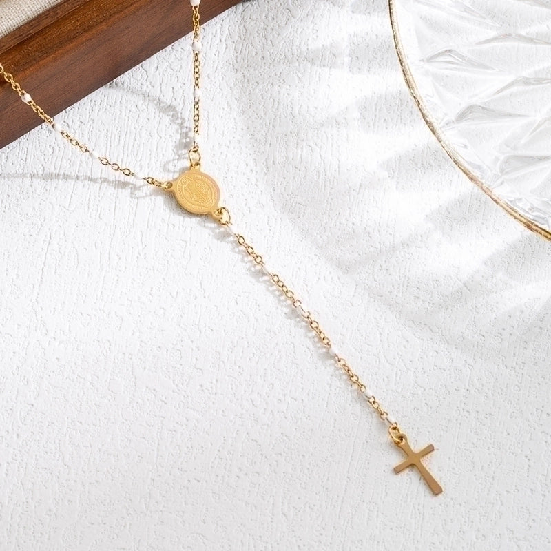 3 Pieces Elegant Classical Cross Virgin Mary Priest Stainless Steel Beaded Plating 18k Gold Plated Necklace