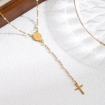 3 Pieces Elegant Classical Cross Virgin Mary Priest Stainless Steel Beaded Plating 18k Gold Plated Necklace