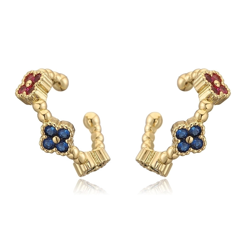 Temperament Entry Lux Copper Inlaid Color Diamond Clover Opening Ear Clip Niche High Sense Flower Petals Ear Rings Direct Sales