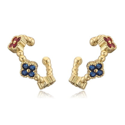 Temperament Entry Lux Copper Inlaid Color Diamond Clover Opening Ear Clip Niche High Sense Flower Petals Ear Rings Direct Sales