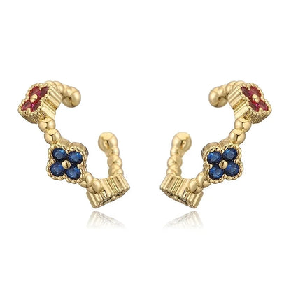 Temperament Entry Lux Copper Inlaid Color Diamond Clover Opening Ear Clip Niche High Sense Flower Petals Ear Rings Direct Sales