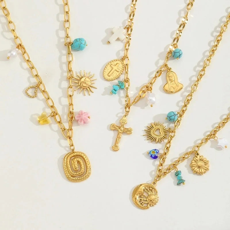 Elegant Exaggerated Vacation Geometric Cross Sun 304 Stainless Steel Imitation Pearl 18K Gold Plated Inlay Multi Charms Necklace