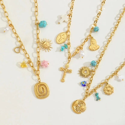 Elegant Exaggerated Vacation Geometric Cross Sun 304 Stainless Steel Imitation Pearl 18K Gold Plated Inlay Multi Charms Necklace