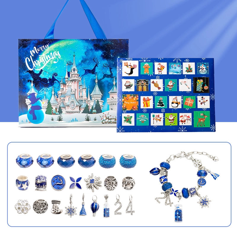 24 Grid Christmas Bracelet Blind Box Set Snowflake Drop Oil Beaded Bracelet Blue Glass Bottle Elderly Bell
