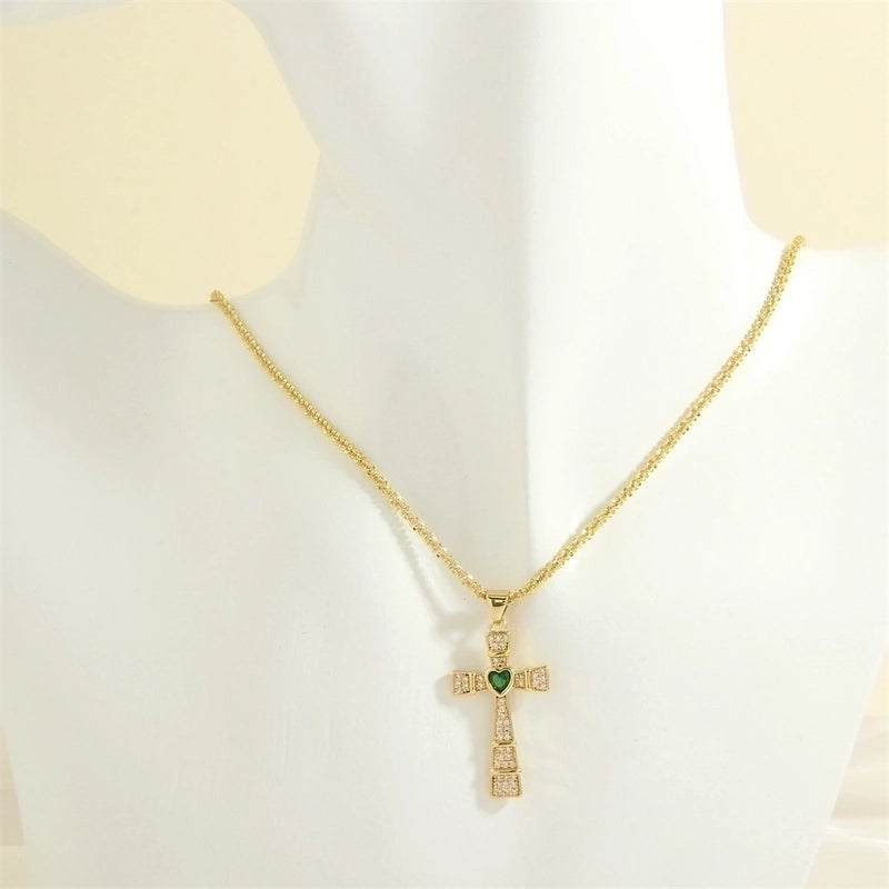 Minimalist Cross Heart Shape Copper 18k Gold Plated Zircon Pendant Necklace In Bulk