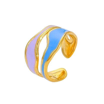 Minimalist Love Heart Shape Eye 304 Stainless Steel Rhinestones 18K Gold Plated Enamel Plating Inlay Open Rings
