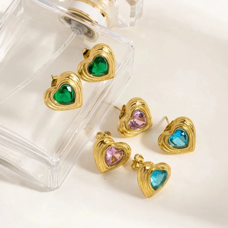 1 Pair IG Style Minimalist Classic Style Heart Shape Inlay 304 Stainless Steel Rhinestones 14K Gold Plated Ear Studs