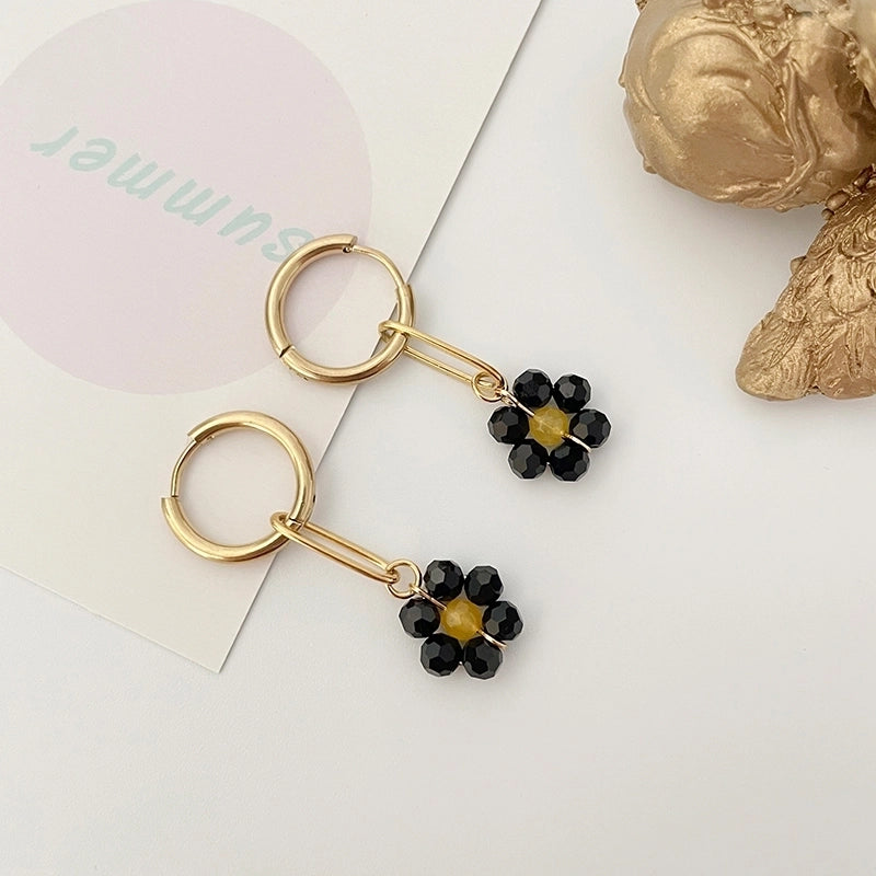 1 Pair Sweet Flower Polishing Crystal Plating 304 Stainless Steel Beaded Crystal Beads 14K Gold Plated Drop Earrings