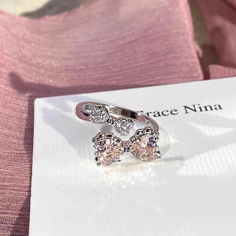 Sweet Geometric Heart Shape Bow Knot Copper Plating Inlay Zircon Open Rings
