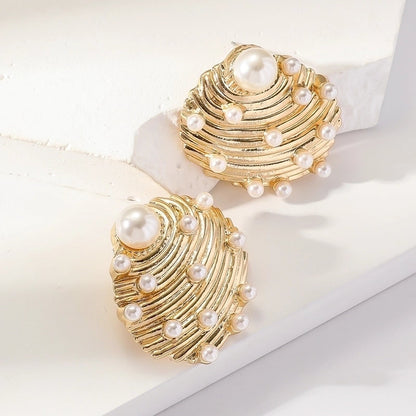 1 Pair Retro Beach Minimalist Starfish Shell Inlay Alloy Rhinestones Pearl Gold Plated Ear Studs