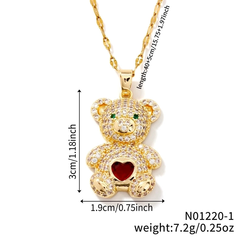 304 Stainless Steel Copper Rhodium Plated Inlay Bear Heart Shape Glass Zircon Pendant Necklace
