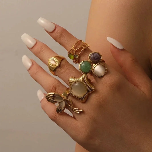 French Style Pentagram Geometric Butterfly 304 Stainless Steel Artificial Gemstones 18K Gold Plated Polishing Inlay Open Rings