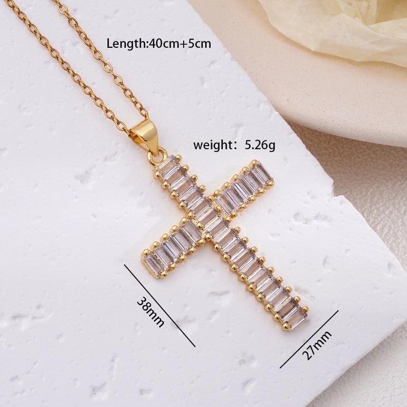 304 Stainless Steel Copper Inlay Cross Zircon Pendant Necklace