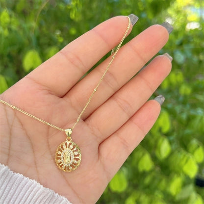 Copper 18K Gold Plated Inlay Virgin Mary Zircon Pendant Necklace