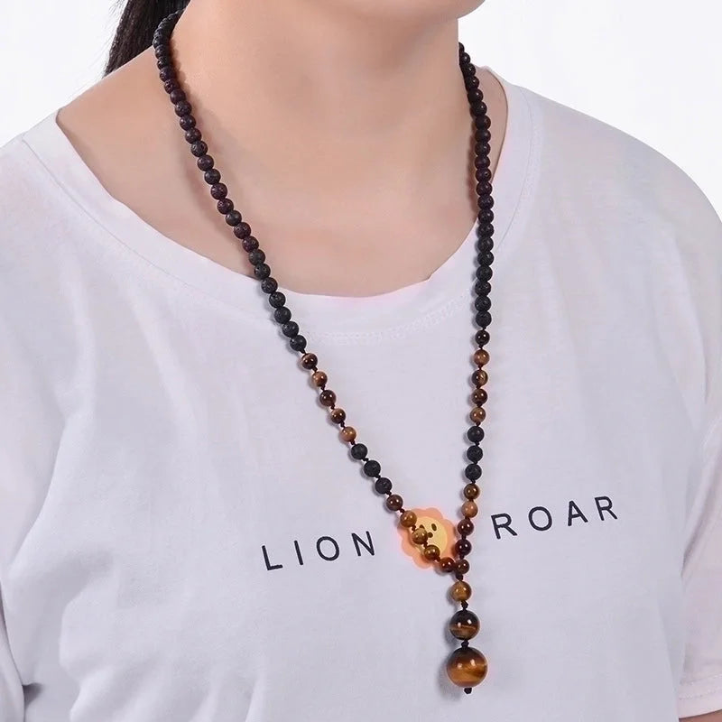Casual Solid Color Malachite Tiger Eye Obsidian Beaded Long Necklace