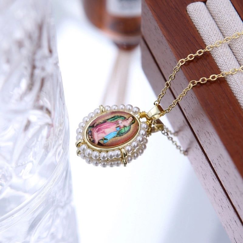 Shell Copper 18K Gold Plated Portrait Virgin Mary Pendant Necklace