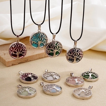 Ig Style Minimalist Round Tree Stainless Steel Natural Stone Leather Rope Inlay Natural Stone Pendant Necklace