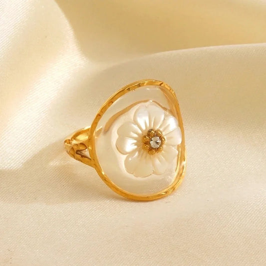 Minimalist IG Style Flower 304 Stainless Steel Resin Rhinestones 18K Gold Plated Plating Stainless Steel Rings