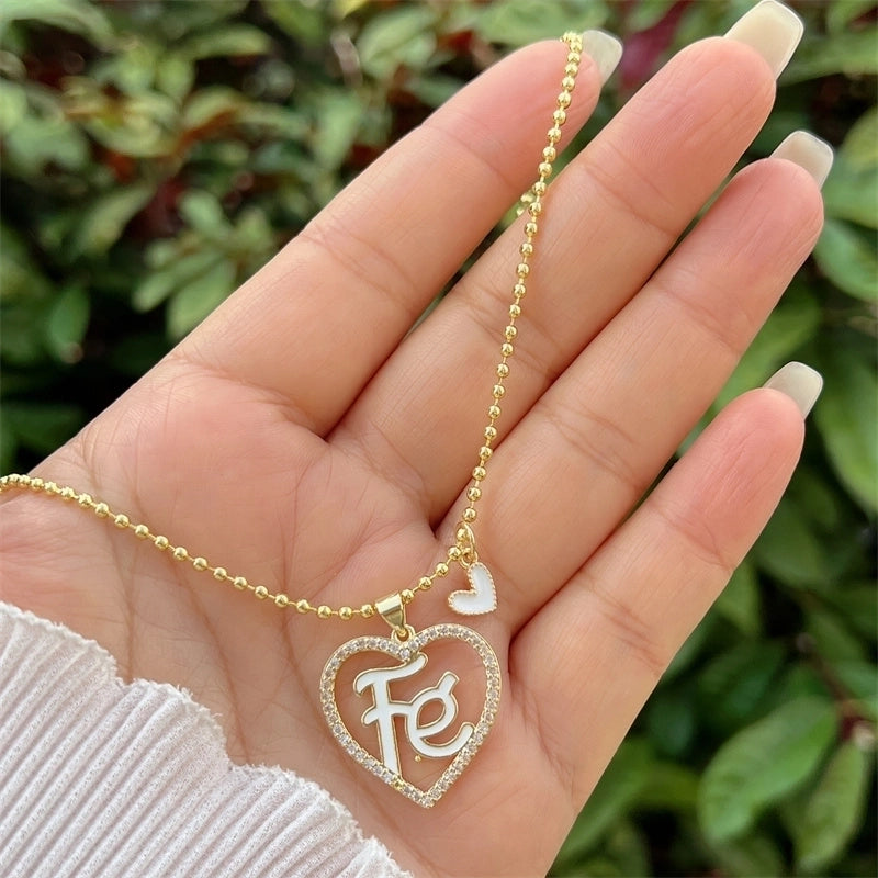 Minimalist Classic Style Letter Heart Shape Copper Zircon 18K Gold Plated Inlay Pendant Necklace