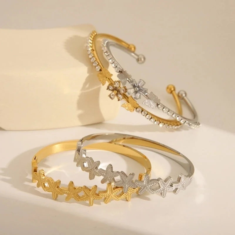 Luxurious French Style Commute Starfish Solid Color Flower 304 Stainless Steel 18K Gold Plated Zircon Bangle In Bulk