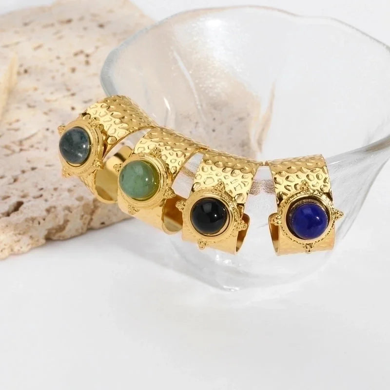 304 Stainless Steel 18K Gold Plated Modern Style Inlay Geometric Natural Stone Open Rings