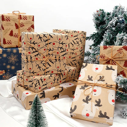 Large Size Gift Wrapping Paper Roll Brown Christmas Reindeer Head Elk Green Plaid Gift Box Recyclable Gift Paper