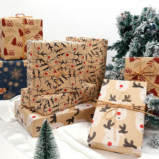 Large Size Gift Wrapping Paper Roll Brown Christmas Reindeer Head Elk Green Plaid Gift Box Recyclable Gift Paper