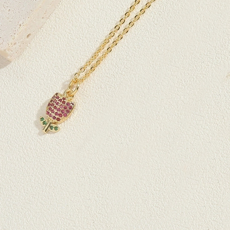 Copper 14K Gold Plated Vintage Style Minimalist Commute Inlay Ice Cream Tree Flower Zircon Pendant Necklace