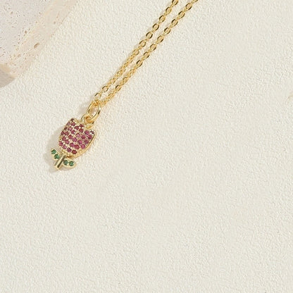 Copper 14K Gold Plated Vintage Style Minimalist Commute Inlay Ice Cream Tree Flower Zircon Pendant Necklace