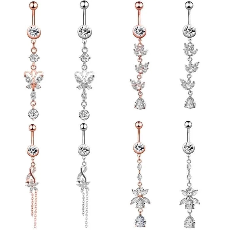 Minimalist Water Droplets Flower Butterfly Stainless Steel Inlay Zircon Women's Belly Ring