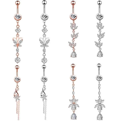 Minimalist Water Droplets Flower Butterfly Stainless Steel Inlay Zircon Women's Belly Ring