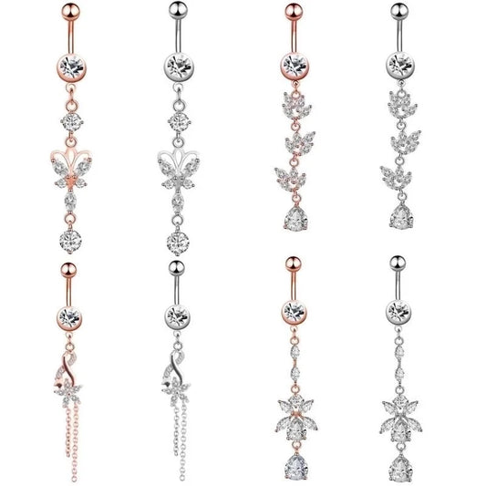 Minimalist Water Droplets Flower Butterfly Stainless Steel Inlay Zircon Women's Belly Ring
